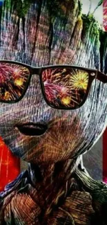 Creature with sunglasses and fireworks reflecting American flag.