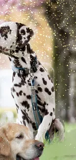 Dalmatian and Labrador on a sunny grassy background with sparkles.