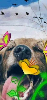 Happy dog with butterflies under a blue sky.