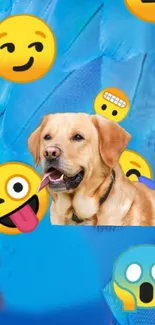 Playful dog surrounded by emojis on a blue background wallpaper.