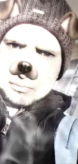 Person with a playful dog nose filter selfie, wearing a beanie and jacket.