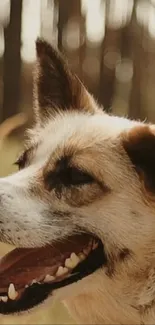 Dog with open mouth in a warm autumn forest setting.