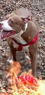 Happy dog playing with a toy on leafy ground, capturing autumn's colorful charm.