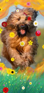 A playful dog running through a meadow surrounded by colorful flowers.