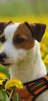 Cute dog enjoying a field of dandelions in vibrant sunlight.