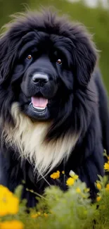 A fluffy black dog in a vibrant flower field enjoying nature.