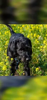 Black dog playing in a vibrant field of yellow flowers.