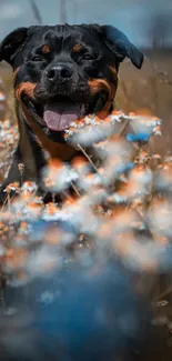 Cute dog enjoying flowers in a meadow.