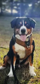 Dog sitting in a sunny, grassy meadow.