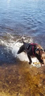 Black dog energetically splashing in clear blue water.