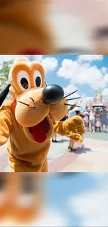 Playful dog mascot at a theme park with a lively crowd and blue skies.