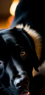 Playful black Labrador with amber eyes on a wooden floor.