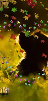 Dog silhouette with colorful leaves and paws in golden light.