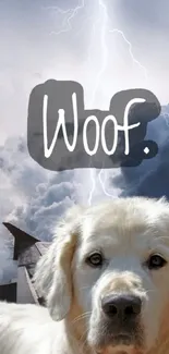 Golden retriever with stormy sky and 'Woof' text.