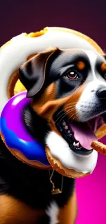 Playful dog with a colorful donut collar on a gradient background.