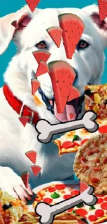 White dog with pizzas and bones on teal background.