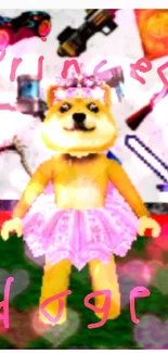 Whimsical Doge in a pink tutu with colorful items background.