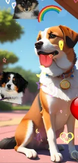 Cartoon dogs with a rainbow and heart in a colorful setting.