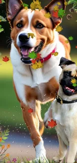 Two playful dogs running in a vibrant field.