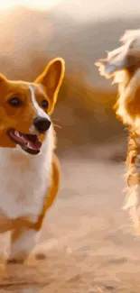 Two dogs running excitedly in a sunny outdoor setting.