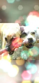 Two dogs playing with stick in colorful bokeh wallpaper.