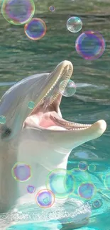 Playful dolphin catching bubbles in clear blue water.