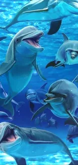 Playful dolphins swimming in a vibrant blue ocean background.