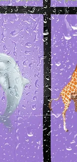 Playful wallpaper with dolphin and giraffe on a purple background.