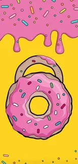 Colorful donut with pink frosting and sprinkles on a yellow background.