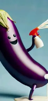 Cartoon eggplant with spray bottle and smile.