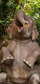 Playful elephant statue in jungle stream with lush green backdrop.