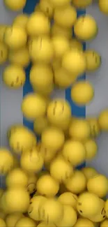 A cascade of yellow emojis on a blue and white background.