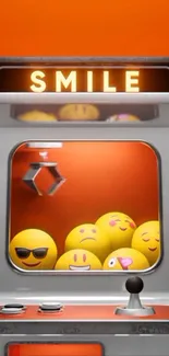 Claw machine with playful, smiling emojis on orange background.