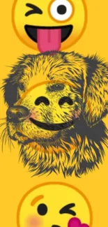 Artistic dog with emojis on yellow background.