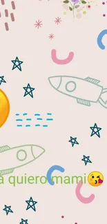 Fun playful wallpaper with emojis and rocket doodles.