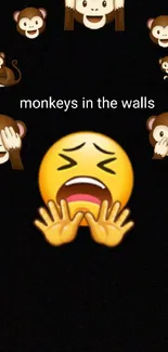 Playful monkeys and emojis wallpaper on black background.