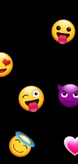 Playful emoji faces on black wallpaper.