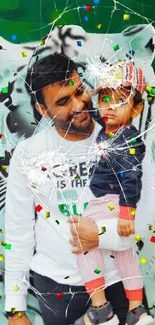 Father and child with vibrant green abstract background.