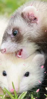 Two playful ferrets snuggled on vibrant green grass.