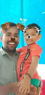 Father and child with dog filters smiling in teal background.