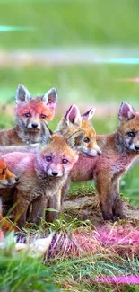 Cute fox cubs group in nature.