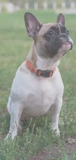 French Bulldog on green grass with a vibrant collar.