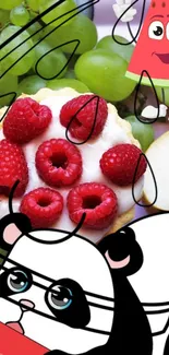 Playful wallpaper with fruit and panda cartoon.