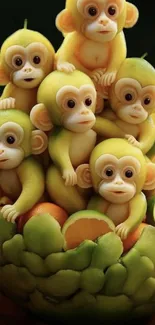 Cute monkeys made from fruit in a vibrant wallpaper.