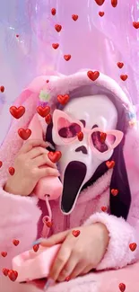 Ghost in pink coat with sunglasses surrounded by red hearts.