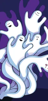 Whimsical white ghosts on a dark purple background.