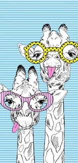 Playful giraffes wearing glasses on a striped blue background.