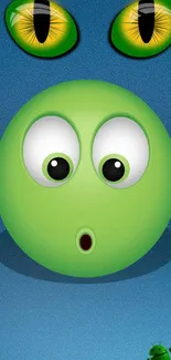 Playful green alien on a blue gradient background with expressive eyes.