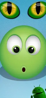 Playful green emoji with big eyes on a colorful background.