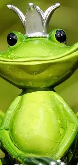 A whimsical frog prince with a silver crown on a vibrant green backdrop.